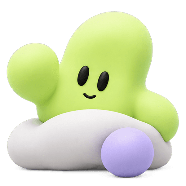Goomi waving from a white cushion